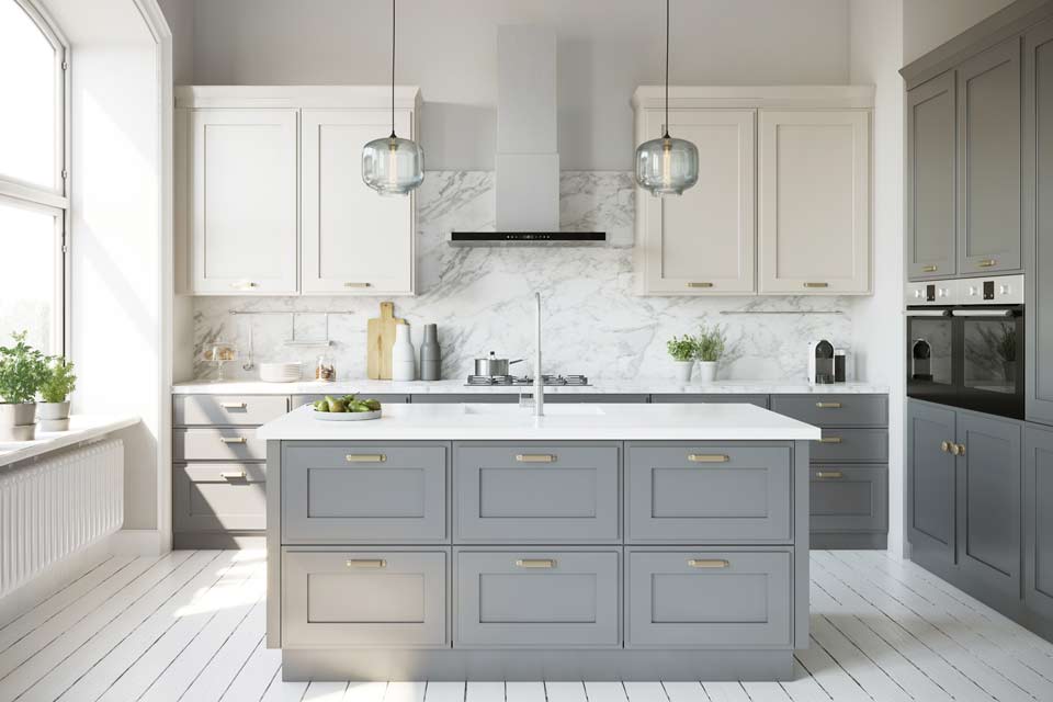 large and open kitchen with grey cabinets