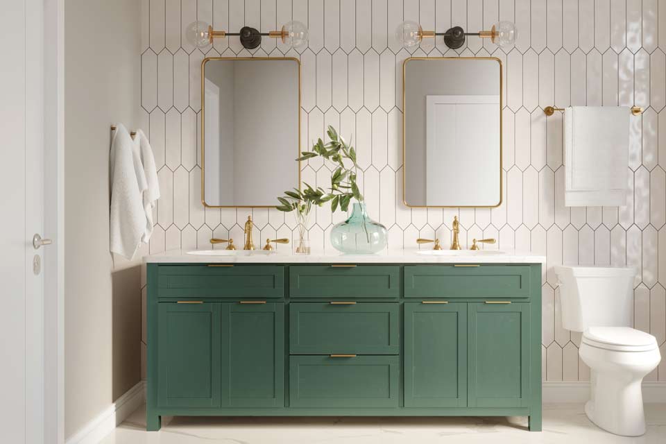 bathroom with green double vanity
